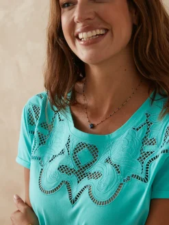 Femme Daxon Tee-shirt coton à broderies ajourées
