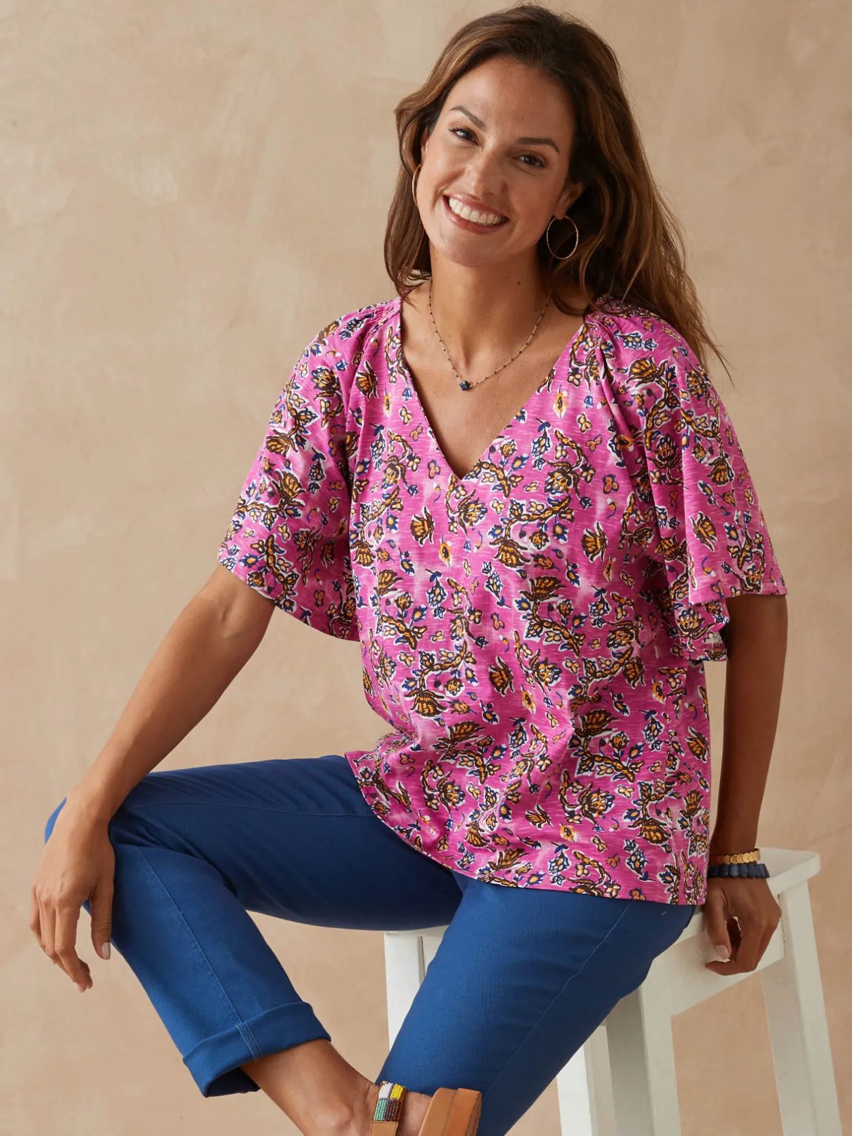 Femme Daxon Tee-shirt encolure V avec smocks